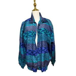 Vintage COACO 100% Silk Bomber Jacket Blue Teal Geometric Print Sz L